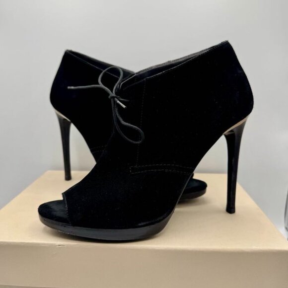 BURBERRY Black Suede Leather Boots Peep Toe Platform Ankle Boots - Picture 1 of 14